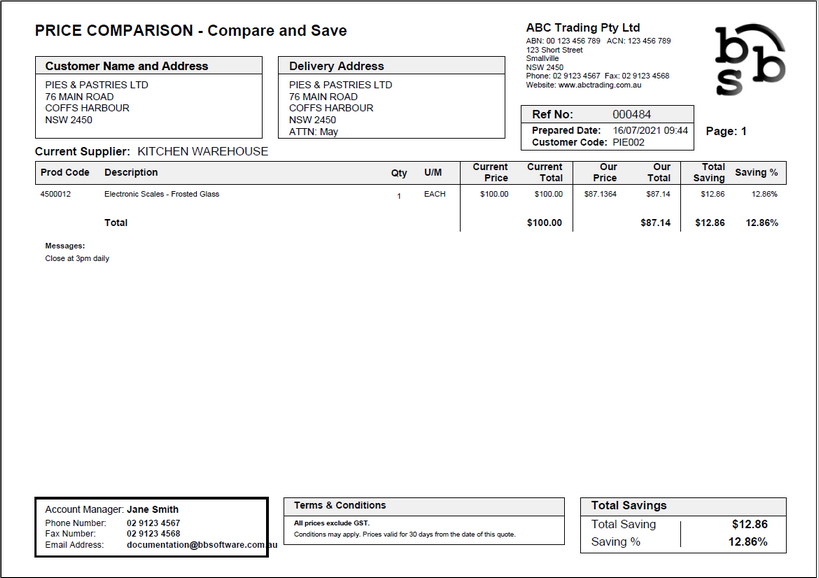 Example Price Comparison