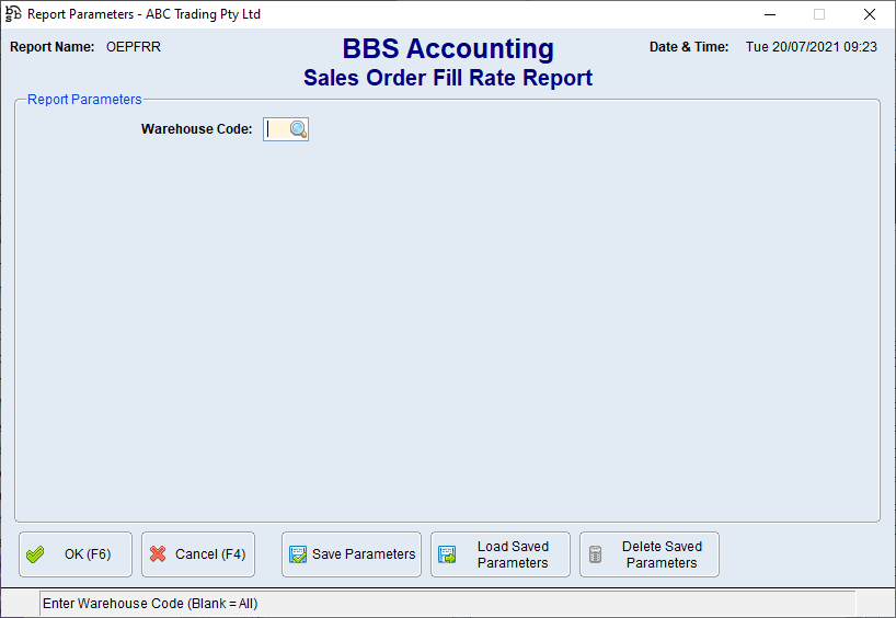 Sales Order Fill Rate Report Screen