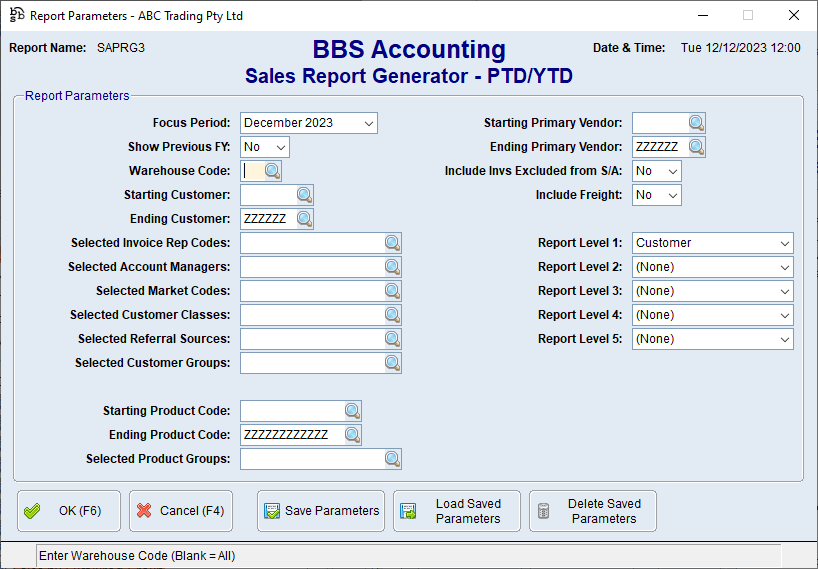 Sales Report Generator - PTD/YTD Screen