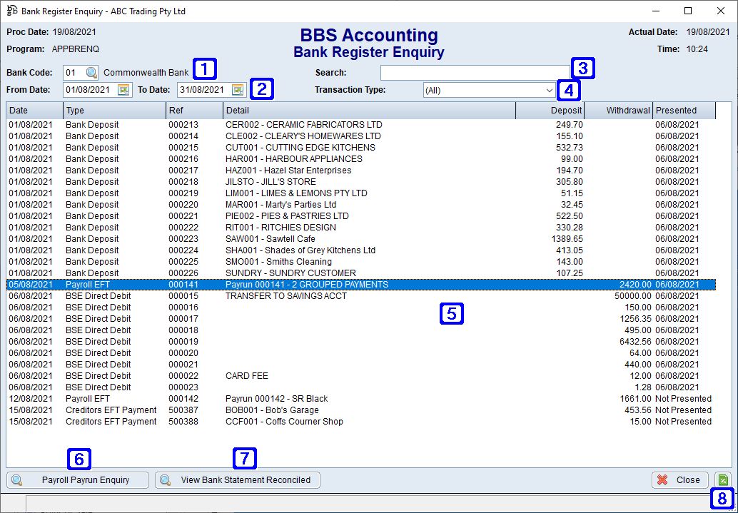 Bank Register Enquiry Screen