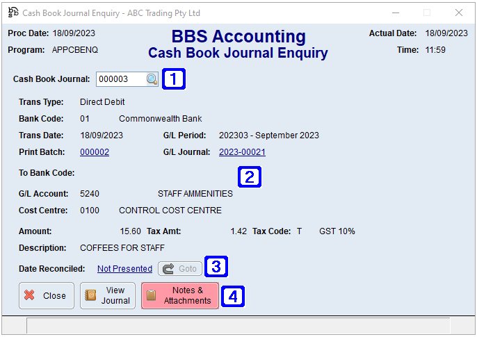 Cash Book Journal Enquiry Screen