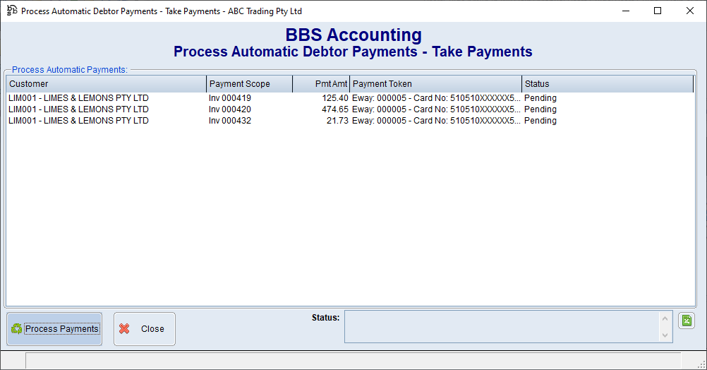 Process Automatic Debtor Payments - Take Payments Screen