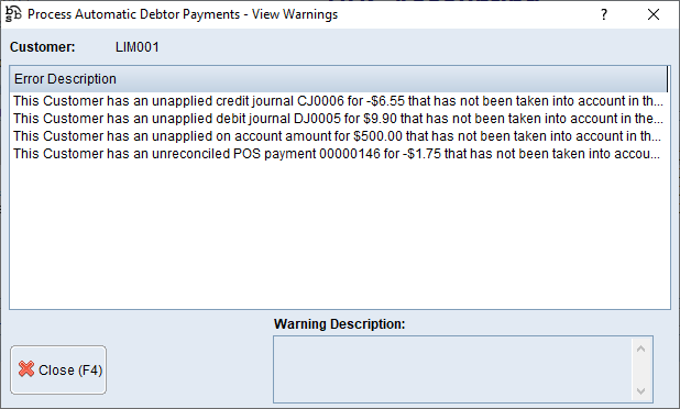 Processing Automatic Debtor Payments - View Warnings Screen