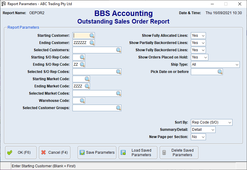 Outstanding Sales Order Report Screen