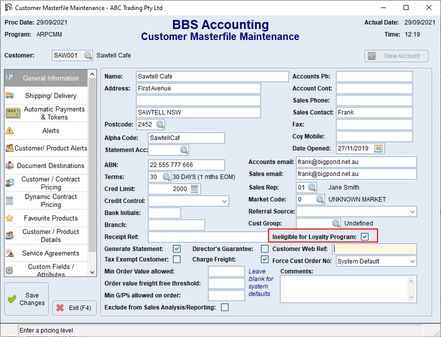 Customer Masterfile Maintenance Screen