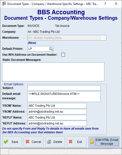 Document Types Maintenance - Company/Warehouse Specific Settings Screen