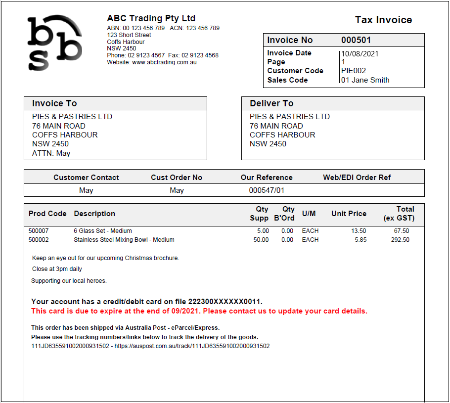 Example of Invoice with tracking details