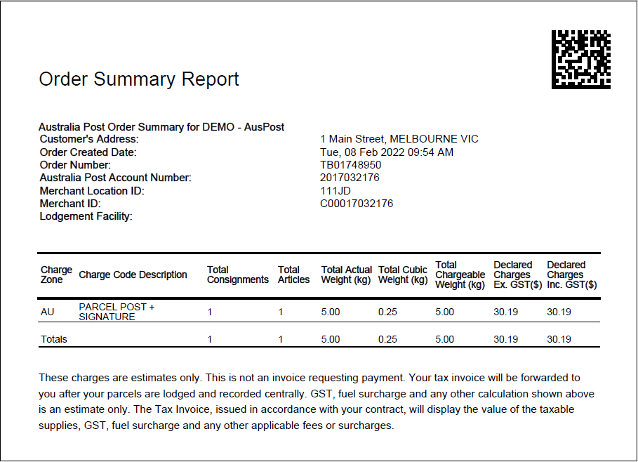 Example of Order Summary Report - Customer Copy