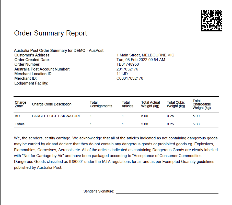 Example of Order Summary Report - Australia Post/StarTrack Copy