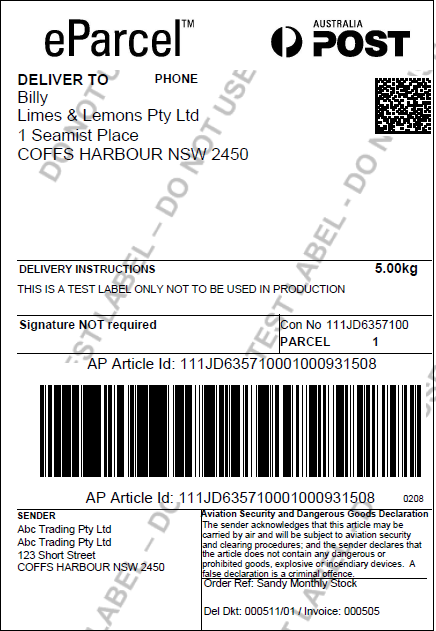 Example of Australia Post despatch label