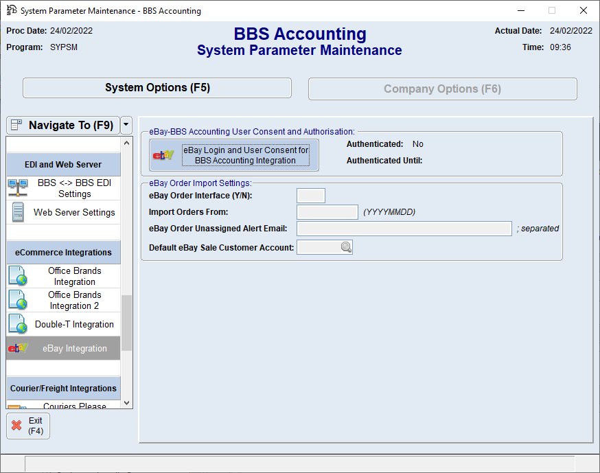 System Parameter Maintenance - eBay Integration Screen