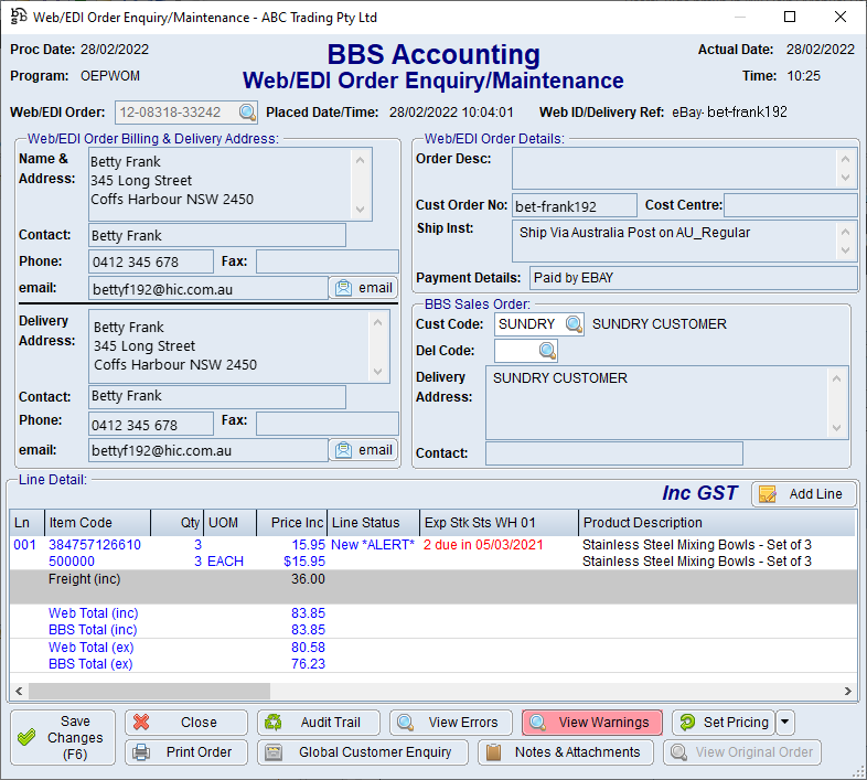 Example of eBay order in Web/EDI Order Enquiry/Maintenance Screen 