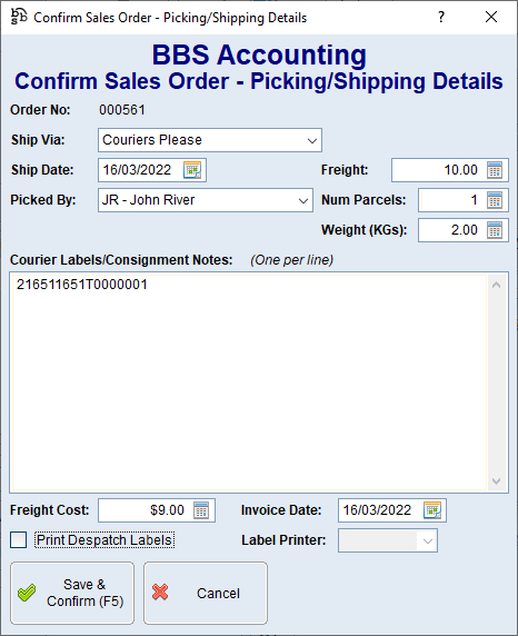 Confirm Sales Order - Picking/Shipping Details Screen