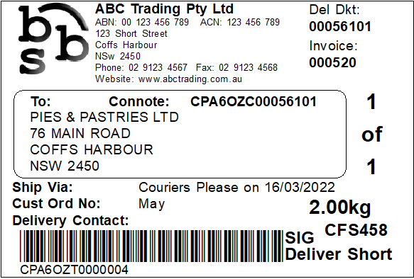 Example of Couriers Please Despatch Label