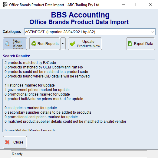 Office Brands Product Data Import Screen