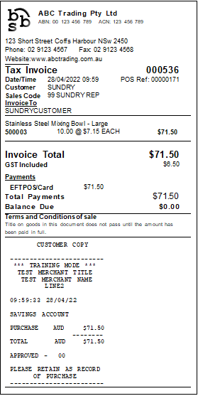 Example of Linkly Integrated Payment on a BBS POS docket