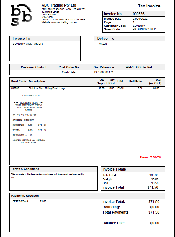 Example of Linkly Integrated Payment on a BBS invoice  