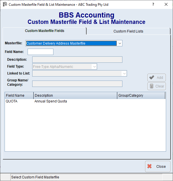 Custom Masterfile Field & List Maintenance Screen