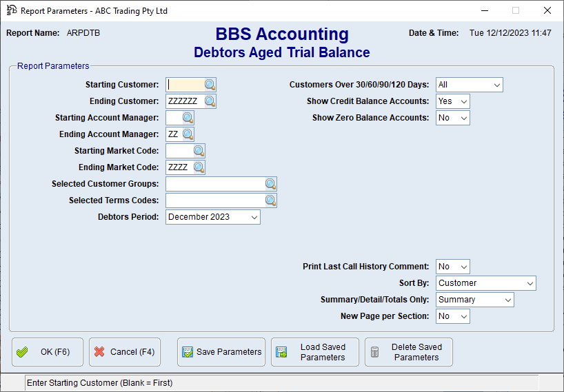 Debtors Aged Trial Balance Screen