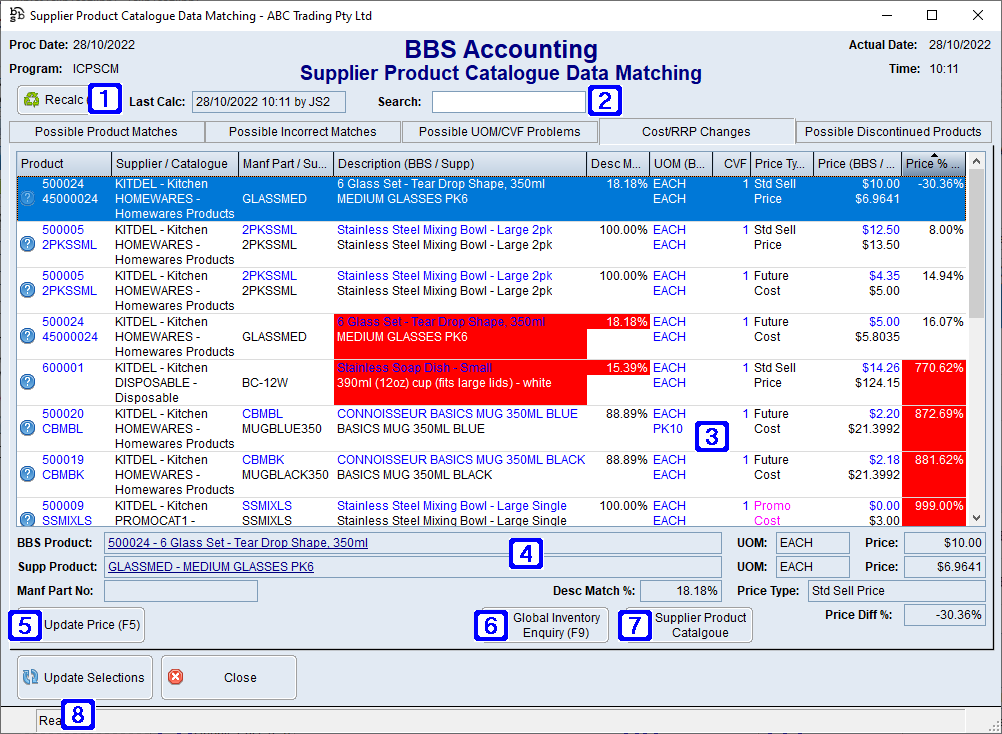 Supplier Product Catalogue Data Matching - Cost/RRP Changes Tab Screen