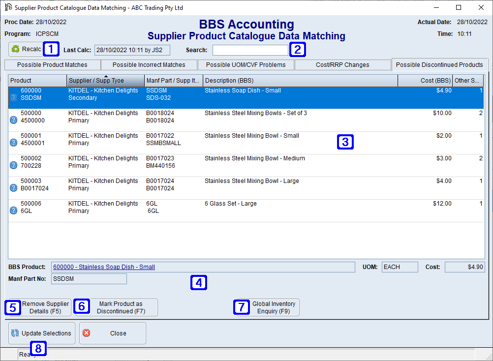 Supplier Product Catalogue Data Matching - Possible Discontinued Products Tab Screen