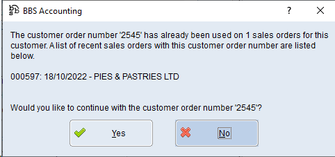 Example of Duplicate Customer Order Number warning for Sales Order Entry/Maintenance