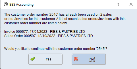 Example of Duplicate Customer Order Number warning for POS Transactions