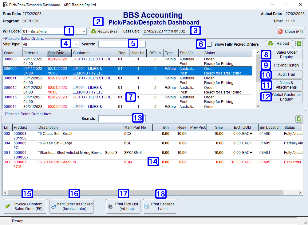 Pick/Pack/Despatch Dashboard Screen