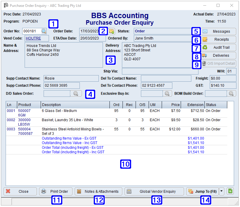 Purchase Order Enquiry Screen