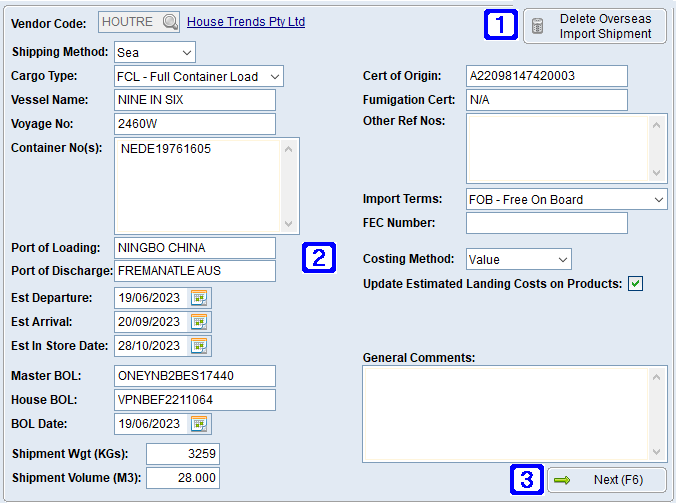 Overseas Import Shipment Entry/Maintenance - Shipping Details tab Screen