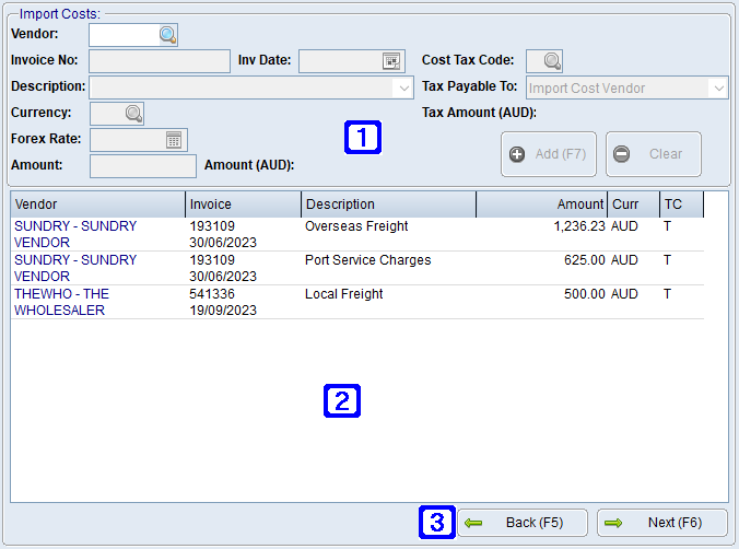 Overseas Import Shipment Entry/Maintenance - Import Costs tab Screen