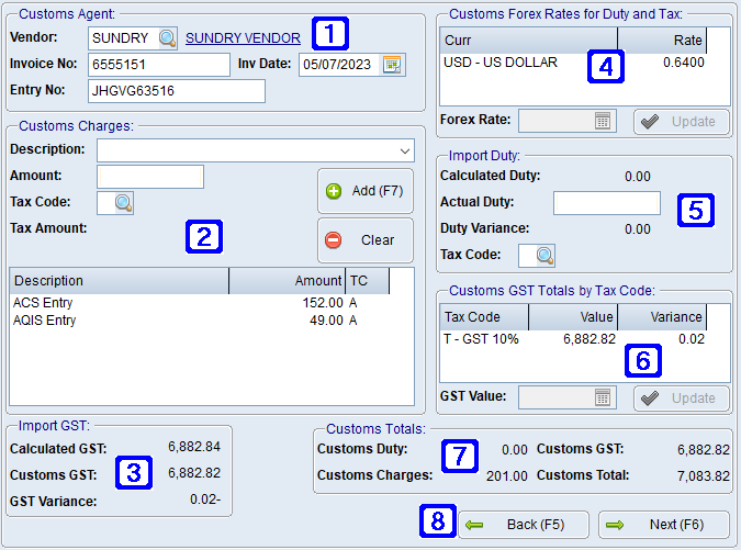 Overseas Import Shipment Entry/Maintenance - Duty, GST & Customs Charges tab Screen