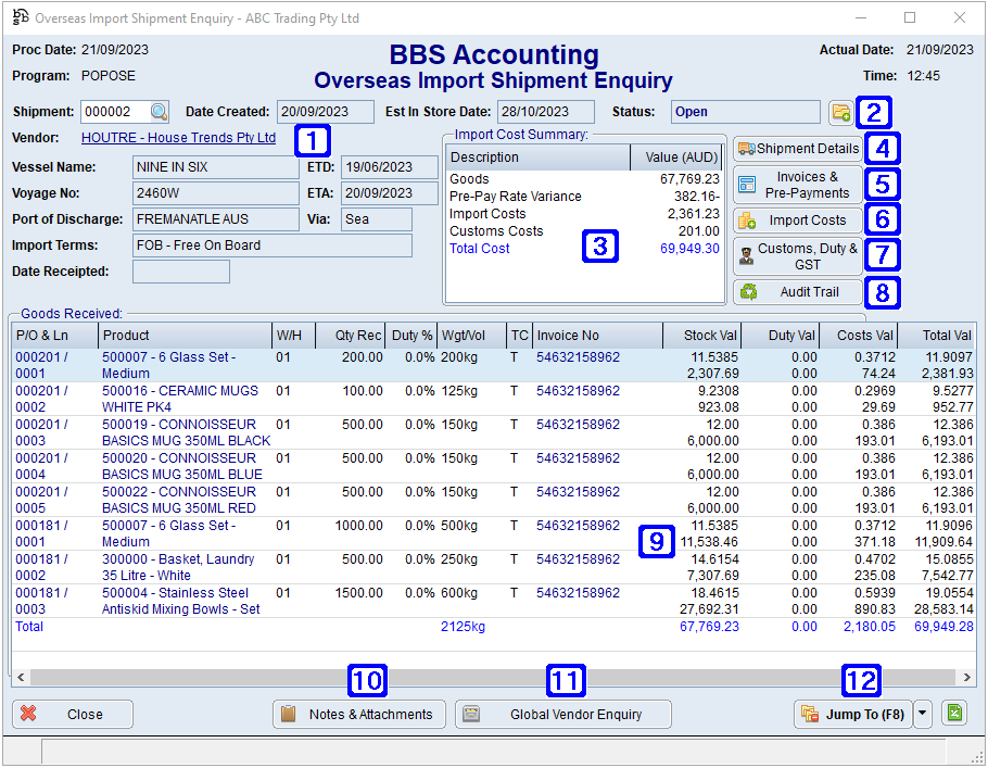 Overseas Import Shipment Enquiry Screen