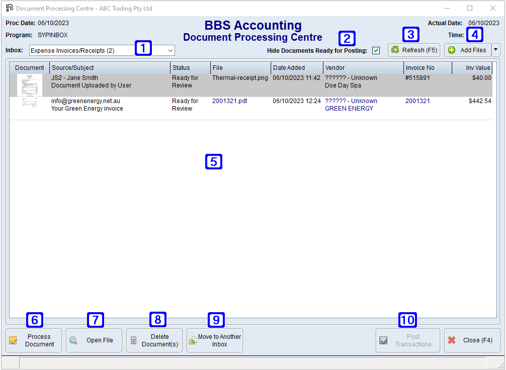 Document Processing Centre Screen