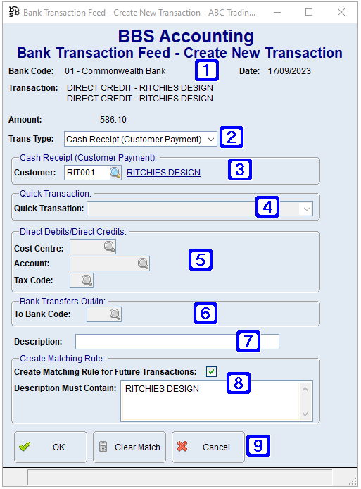 Bank Transaction Feed - Create New Transaction Screen