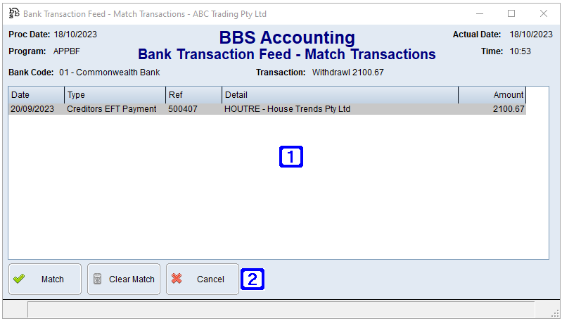 Bank Transaction Feed - Match Transactions Screen