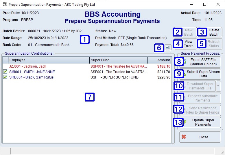 Prepare Superannuation Payments Screen