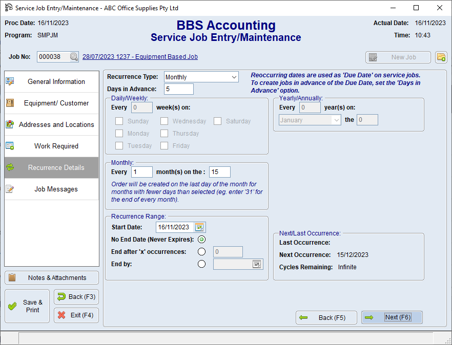 Service Job Entry/Maintenance - Reocurrence Details Tab Screen