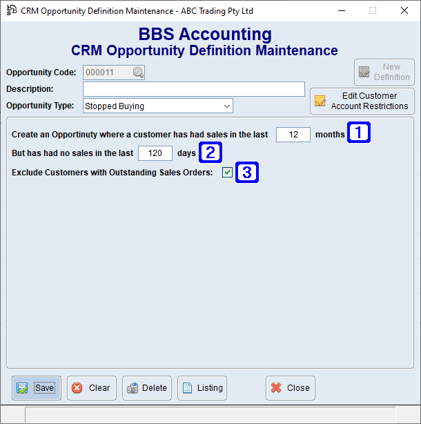 CRM Opportunity Definition Maintenance  - Stopped Buying Screen