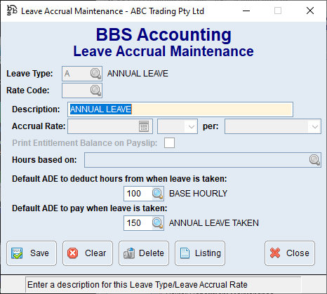 Example Annual Leave showing new ADE code fields on Leave Type