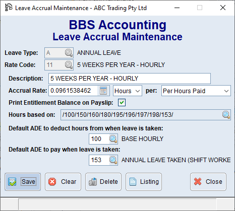 Example Annual Leave showing new ADE code fields on Leave Rate Code
