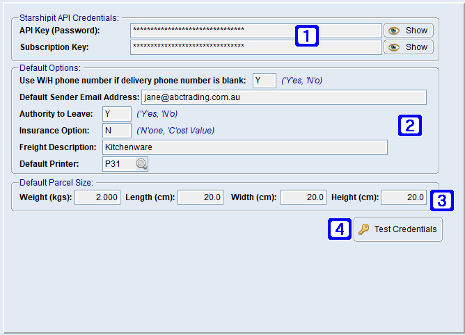 System Parameter Maintenance - Starshipit Integration Screen