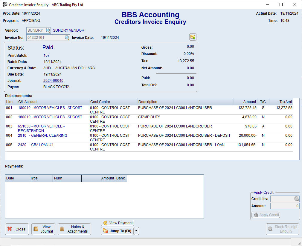 Example of Fixed Asset invoice entry with a deposit paid
