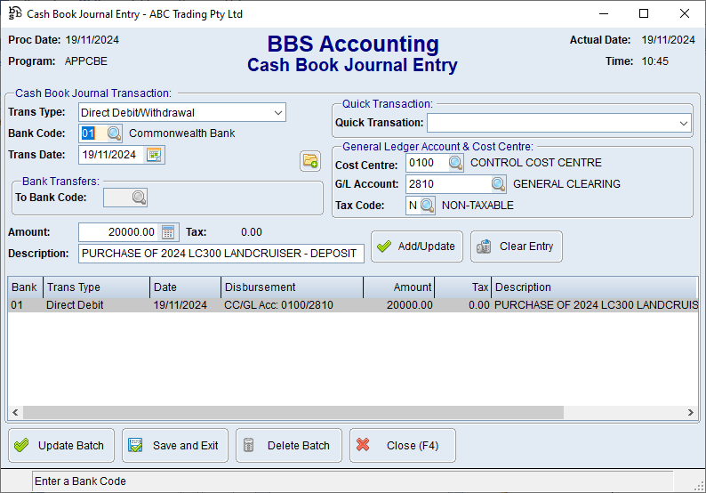 Example of Cash Book entry for deposit paid on fixed asset