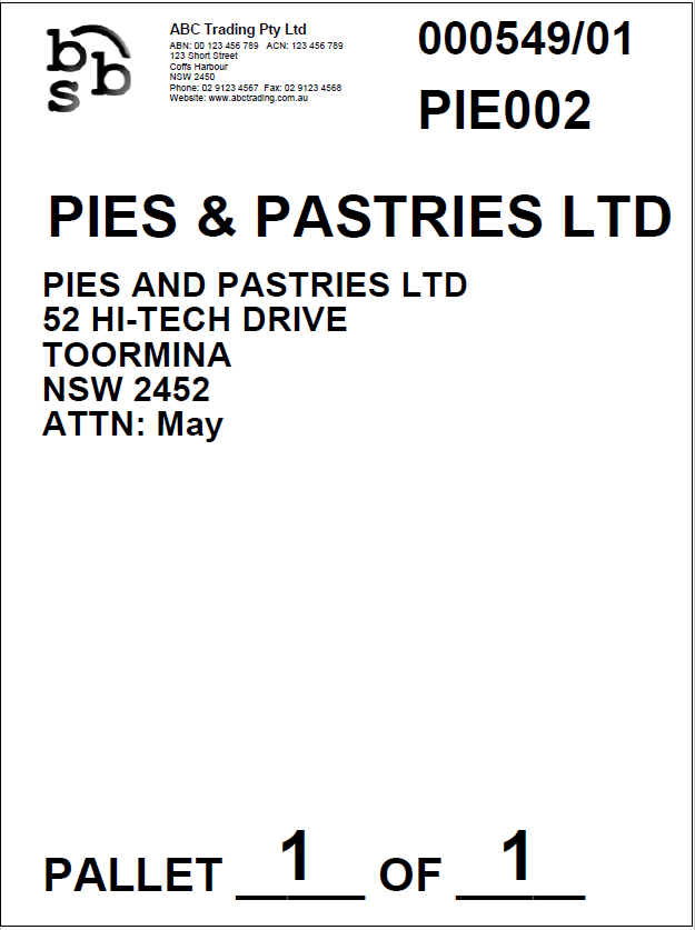 Example of Pallet Label