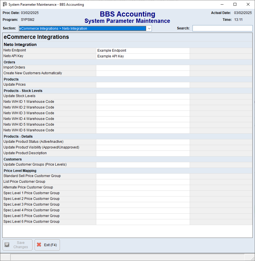 System Parameter Maintenance > eCommerce Integrations > Neto Integration Screen