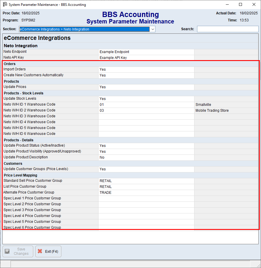 System Parameter Maintenance > eCommere Integrations > Neto Integration Screen