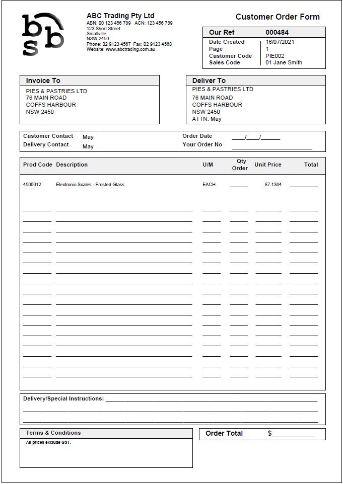 Example Customer Order Form