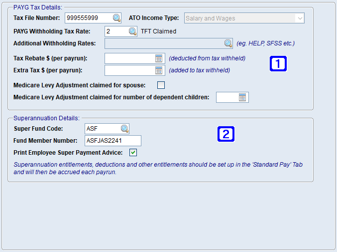 Employee Masterfile Maintenance - PAYG Tax & Superannuation Tab Screen