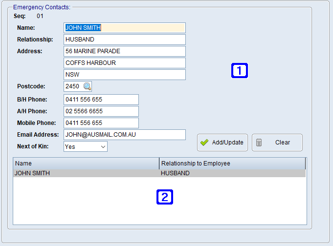 Employee Masterfile Maintenance - Emergency Contacts Tab Screen